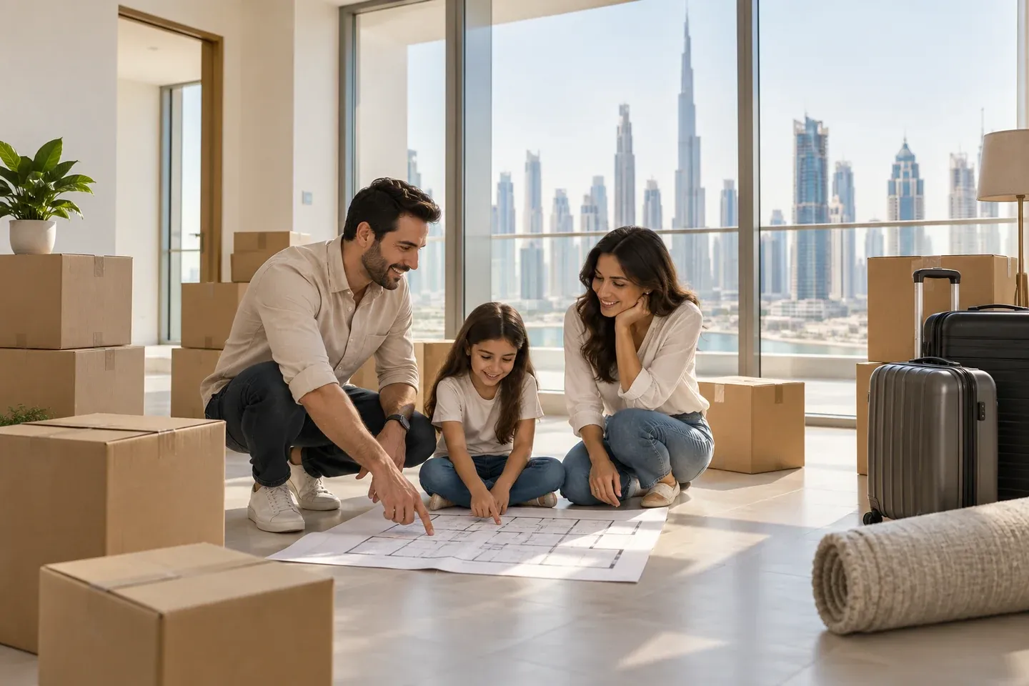 Family sorting things out after moving into an apartment