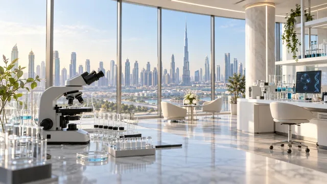 صورة توضيحية موضوعية مولدة بالذكاء الاصطناعي لمختبر أبحاث يطل على أفق دبي