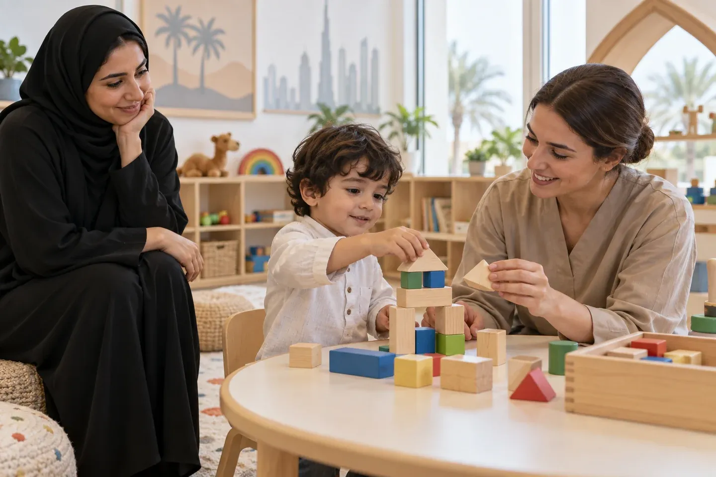 أحد الوالدين يشاهد طفلاً يلعب مع معلمة في روضة الأطفال