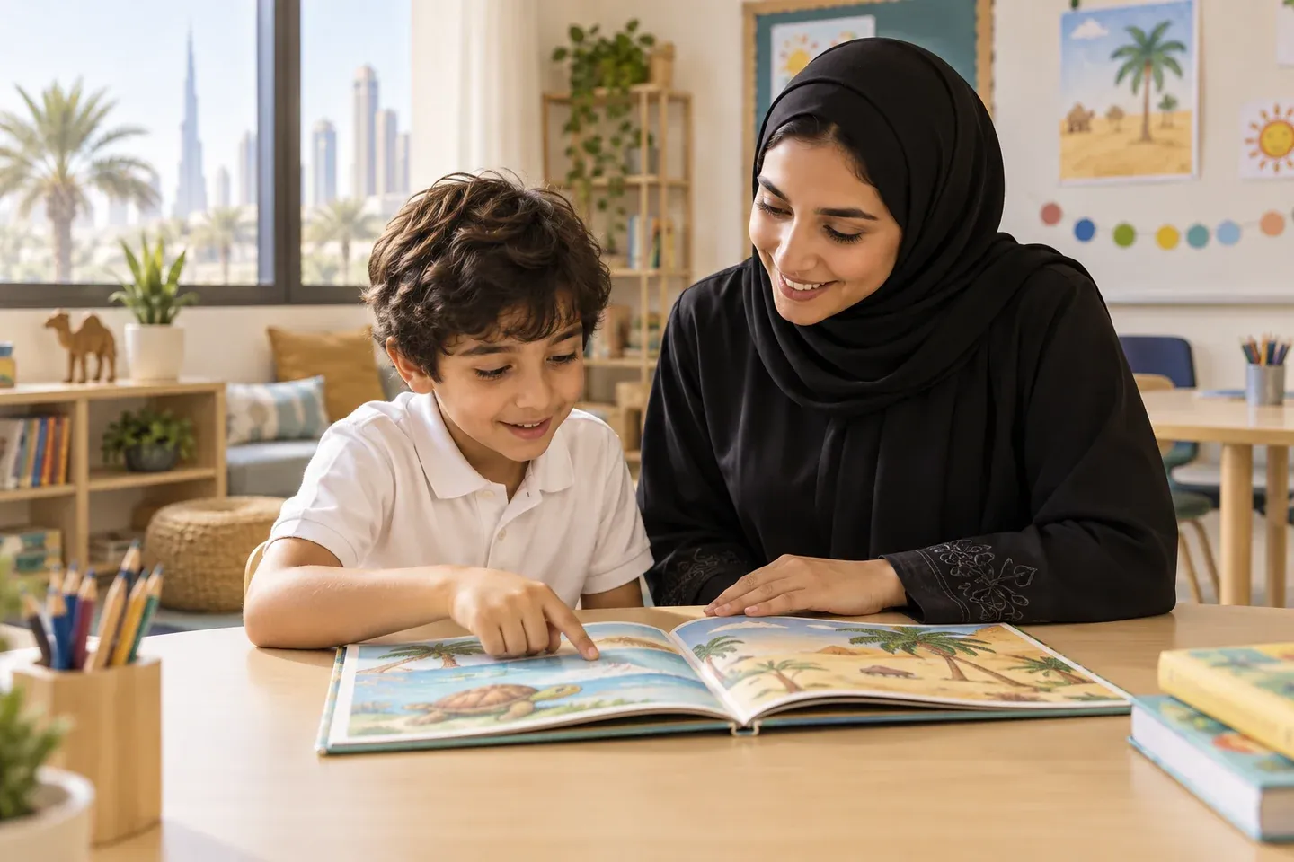 يساعد المعلم الطفل على قراءة كتاب في فصل دراسي مشرق