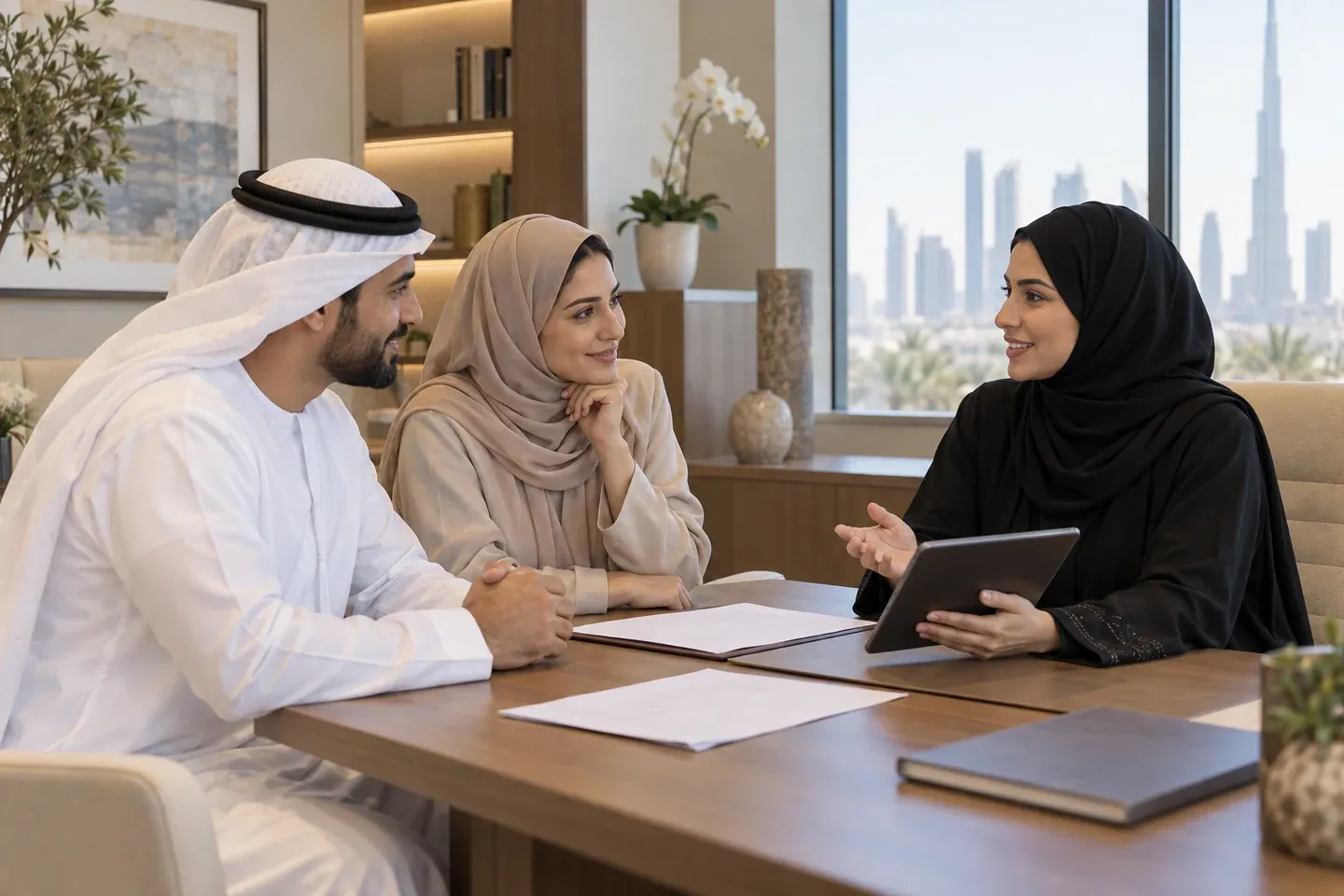 يناقش الآباء شروط التأمين العائلي مع أحد المستشارين