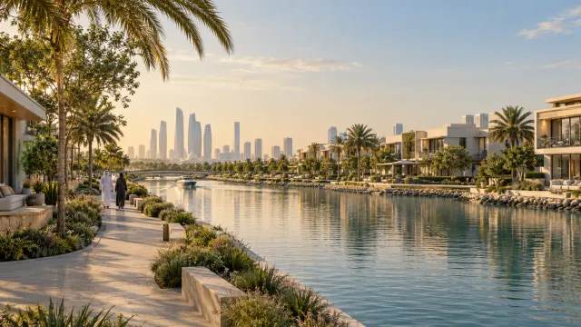 صورة تصورية مولّدة بالذكاء الاصطناعي لمجتمع مستقبلي على قناة في أبوظبي؛ ليست تصوراً لمشروع من الدار أو أرادَ