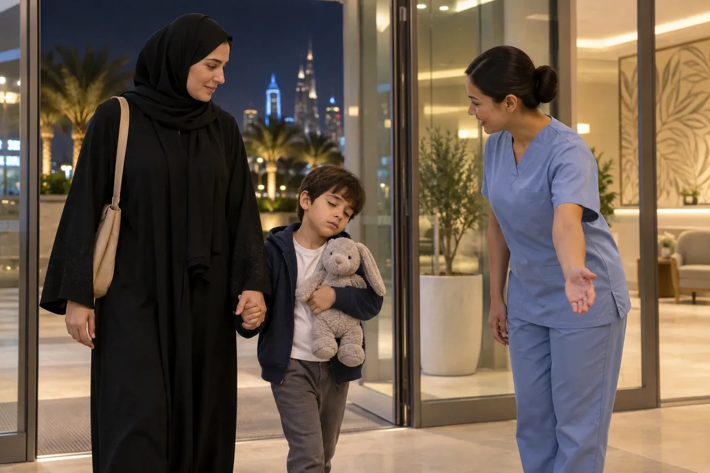 ممرضة تلتقي بأحد الوالدين والطفل عند مدخل المستشفى في المساء