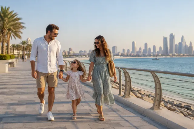 عائلة تمشي بجانب البحر في ضوء المساء الهادئ