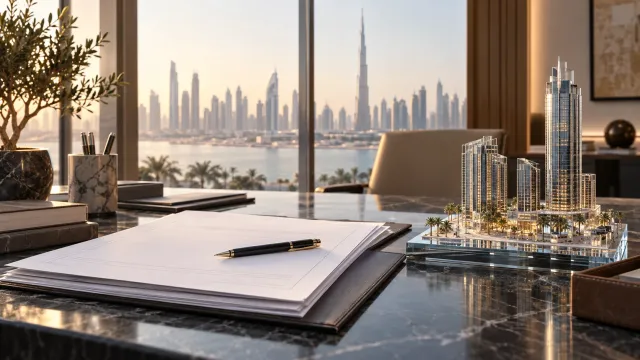 صورة توضيحية موضوعية مولدة بالذكاء الاصطناعي لوثائق عقارية ونموذج معماري
