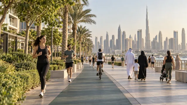 AI-generated conceptual illustration of people exercising on a Dubai waterfront promenade; not a photograph of the 2026 event